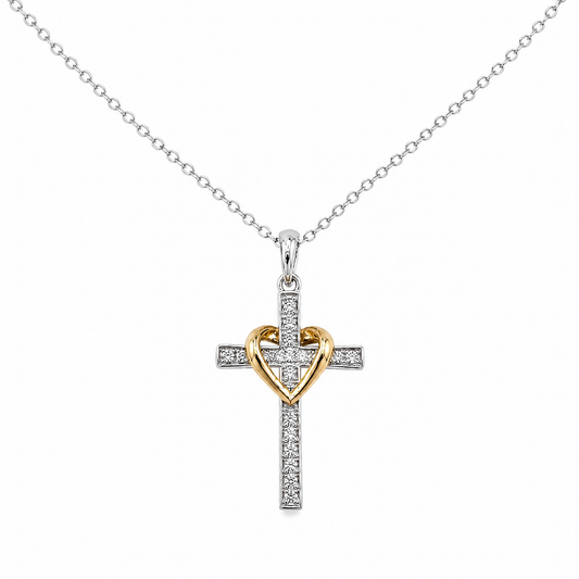 Collar Siempre Contigo: cruz de plata con circonitas y corazón dorado abrazado al centro