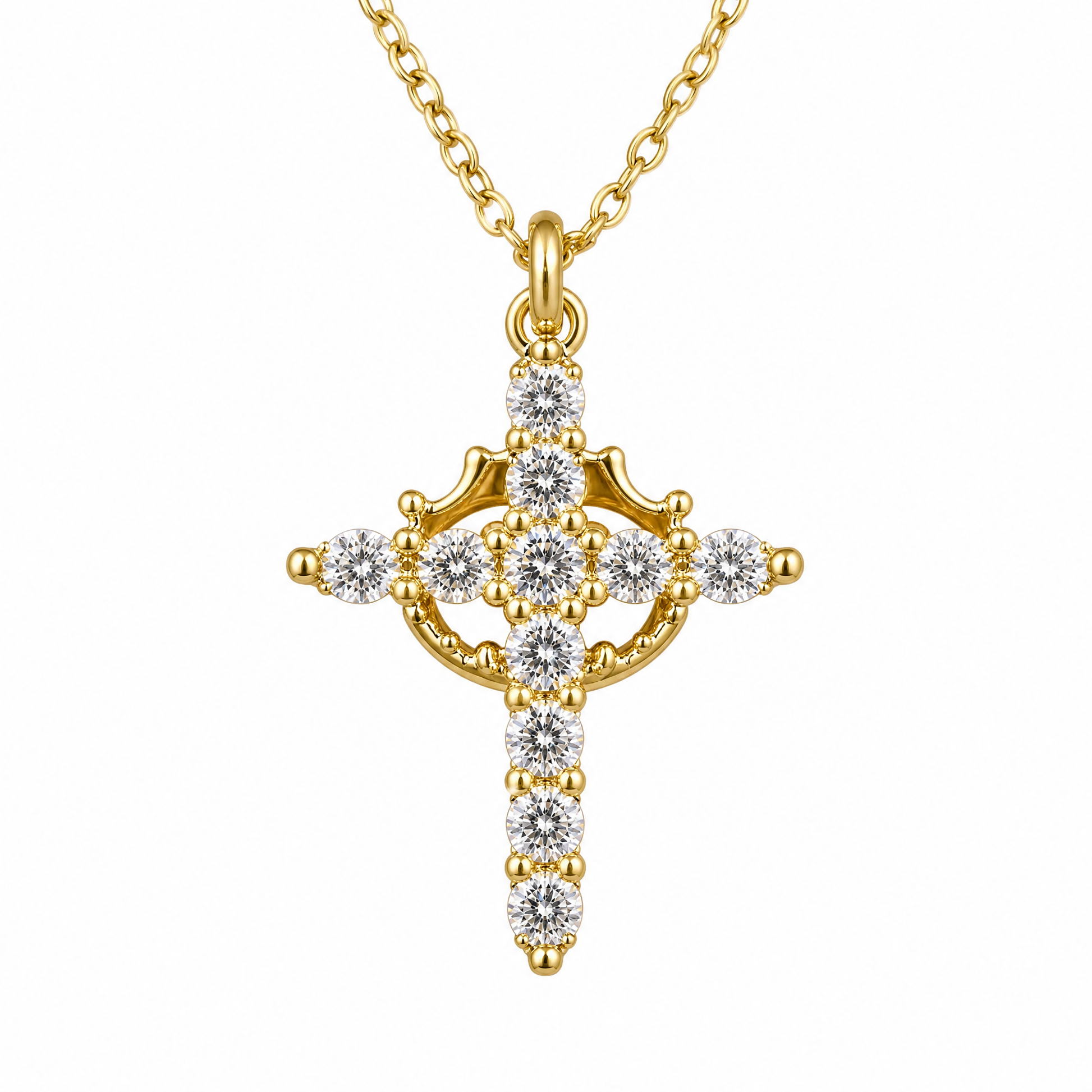 Collar Niña de Mis Ojos en oro: cruz de circonitas con corona giratoria en el centro