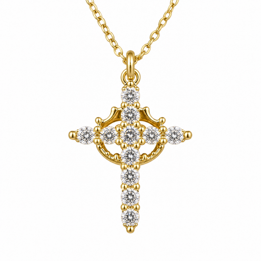 Collar Niña de Mis Ojos en oro: cruz de circonitas con corona giratoria en el centro