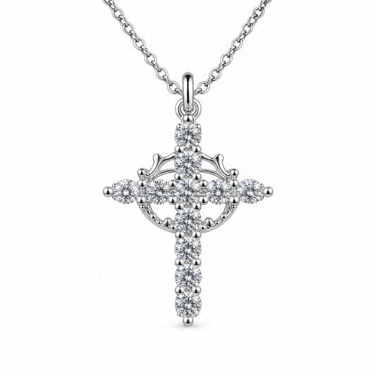 Collar Niña de Mis Ojos en plata: cruz de circonitas con corona giratoria en el centro