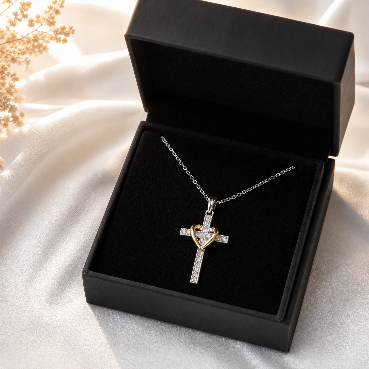 Collar de cruz presentado en su caja de regalo negra