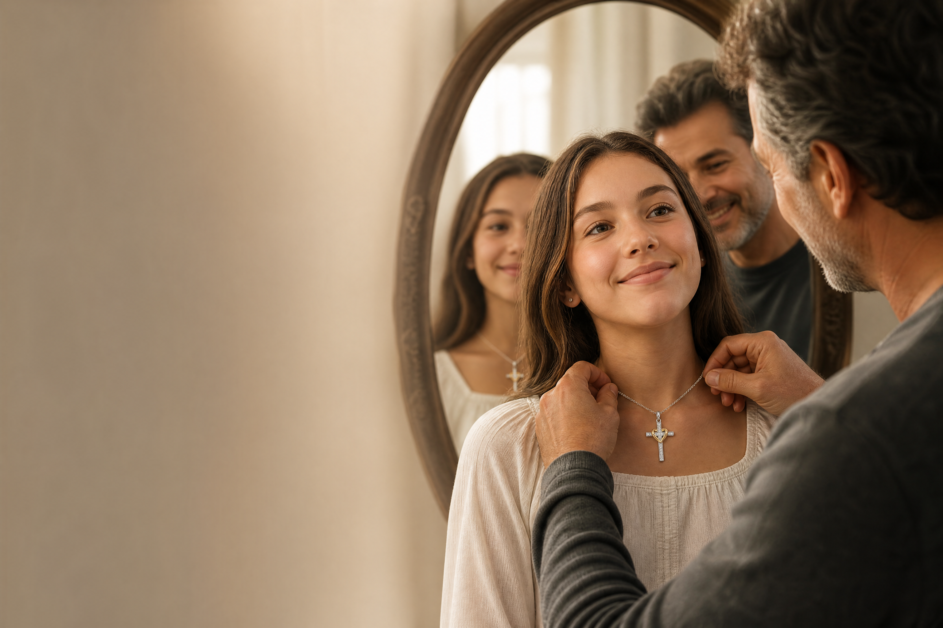 Padre poniéndole su collar de cruz a su hija frente al espejo