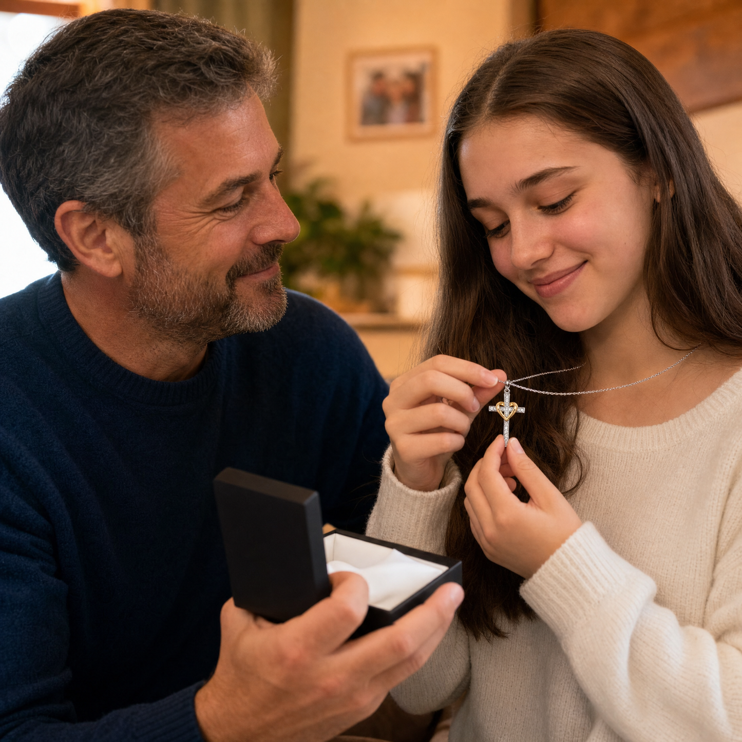 Padre regalándole el Collar Siempre Contigo a su hija