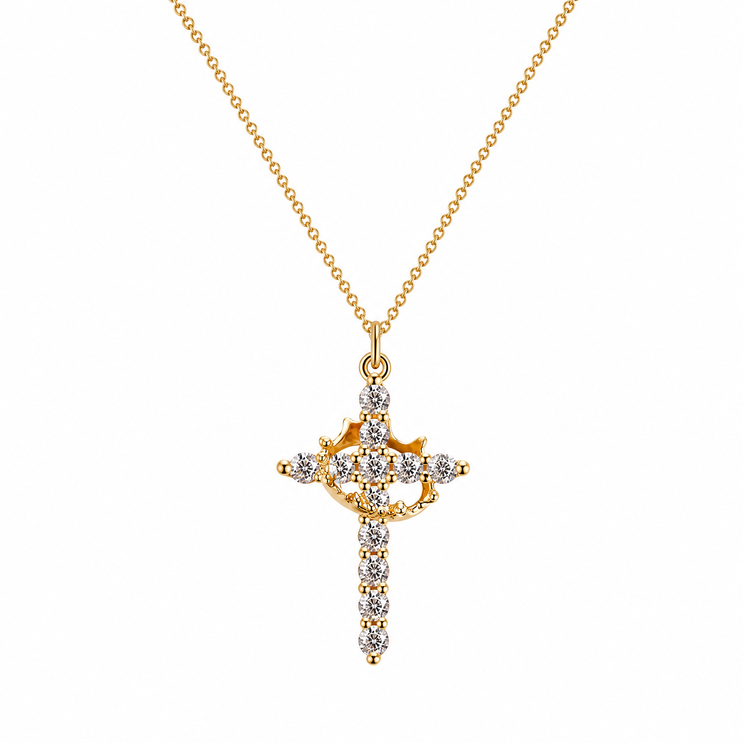 Collar Niña de Mis Ojos en oro: cruz de circonitas con corazón calado en el centro