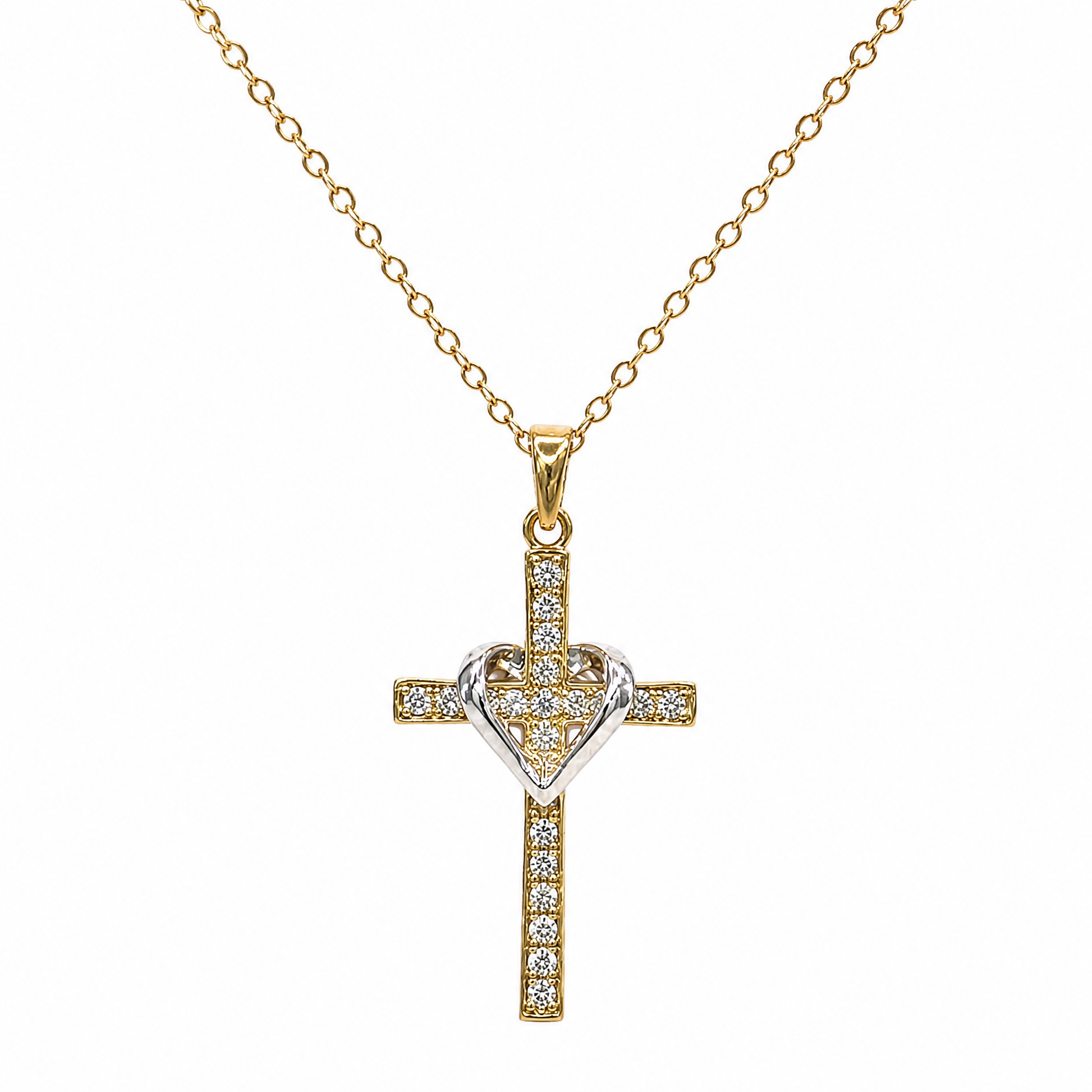Collar Siempre Contigo en oro: cruz dorada de circonitas con corazón plateado en el centro