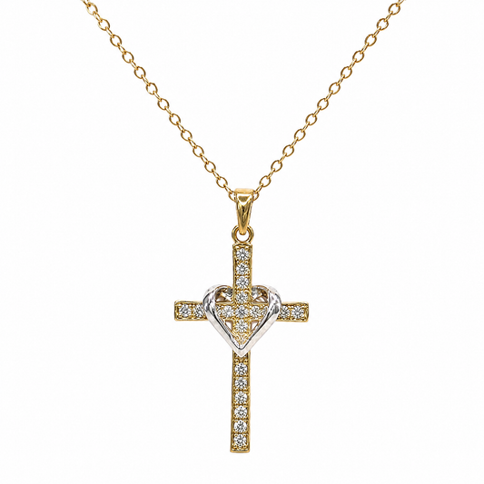 Collar Siempre Contigo en oro: cruz dorada de circonitas con corazón plateado en el centro