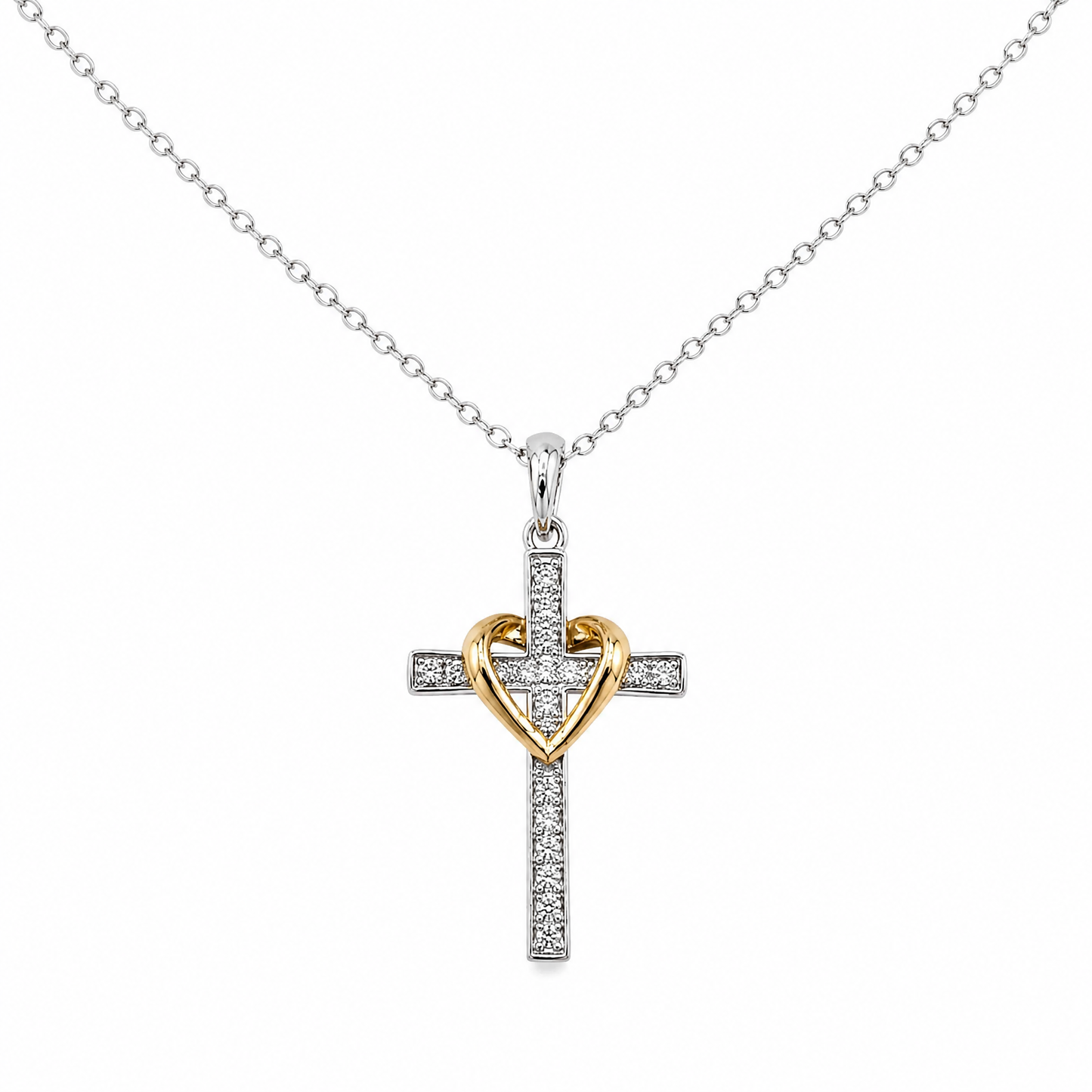 Collar Siempre Contigo: cruz de plata con circonitas y corazón dorado abrazado al centro