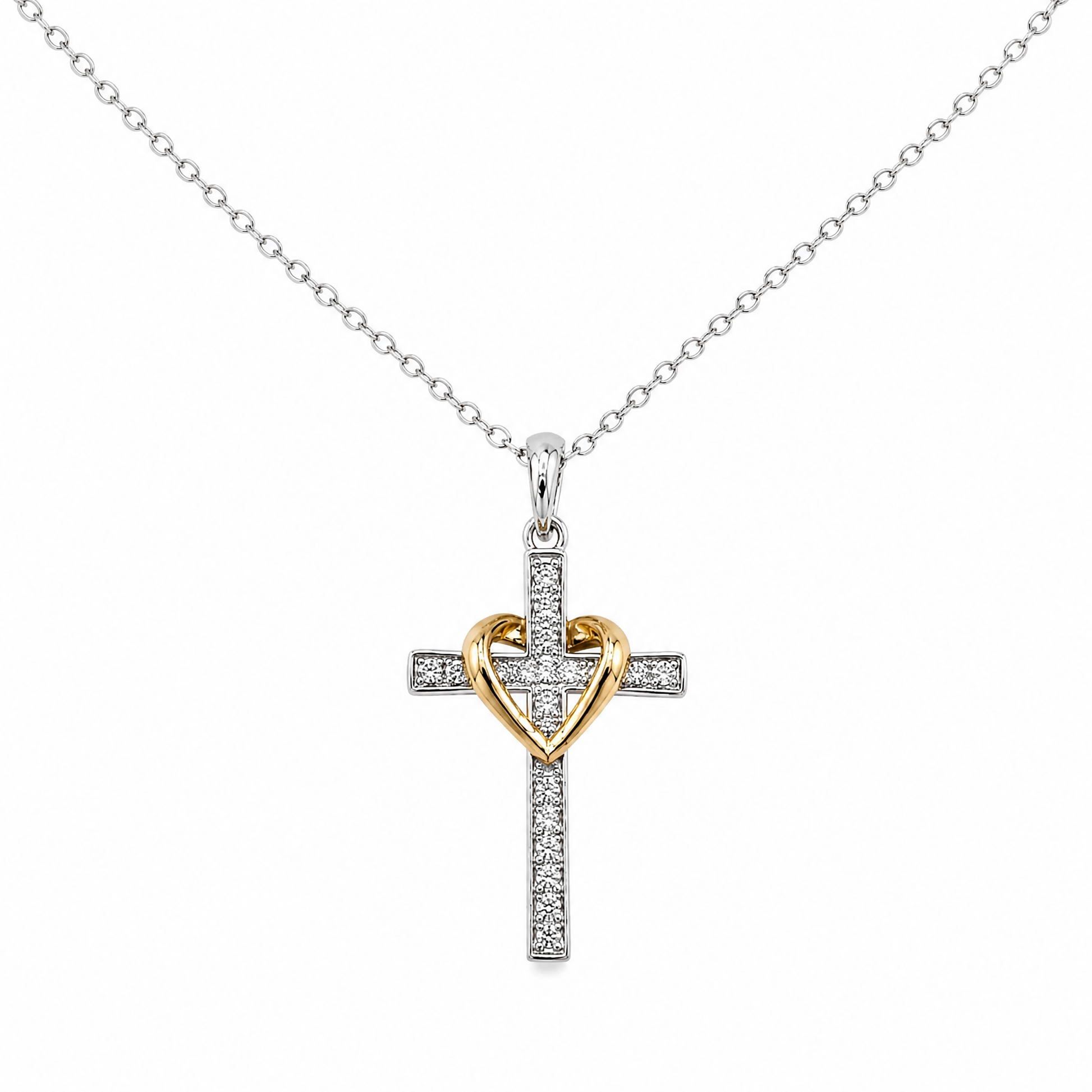 Collar Siempre Contigo: cruz de plata con circonitas y corazón dorado abrazado al centro