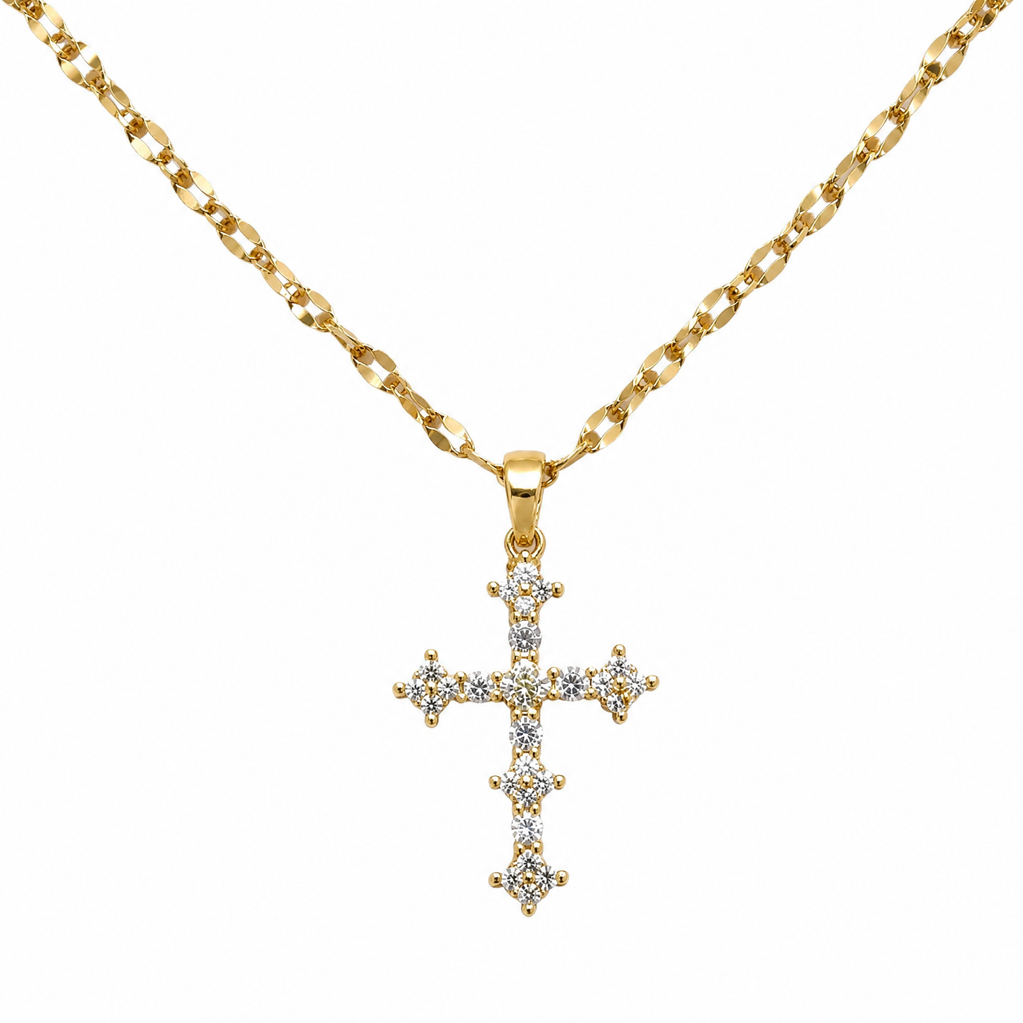 Collar Herencia de Fe: cruz clásica dorada de puntas con circonitas y cadena dorada